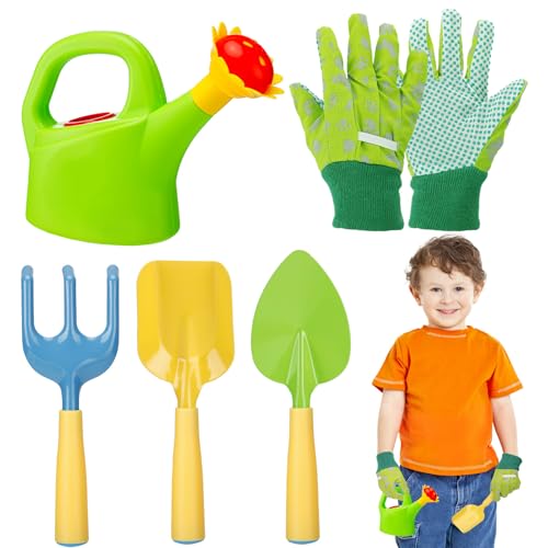 Biubee Kids Gardening Tools Set - Sturdy Watering Can Toy Set with Metal Shovel Hand Rake Kids Gloves, Toddler Gardening Kit Garden Toys for Outdoor Beach Sand Toy Gift