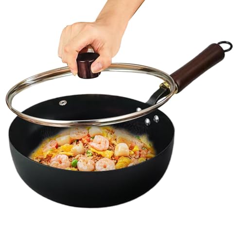 de hierro para cocinar - Sartén japonesa de hierro fundido con tapa de madera - Olla gruesa sin recubrimiento Forjada a mano Antiadherente Estufa de cocina natural Inducción Cocina casera Camping