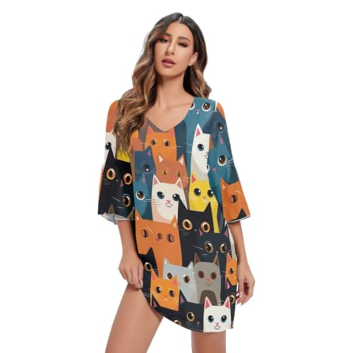 Vestido hawaiano colorido con estampado de gato hecho en tejido transpirable antiarrugas