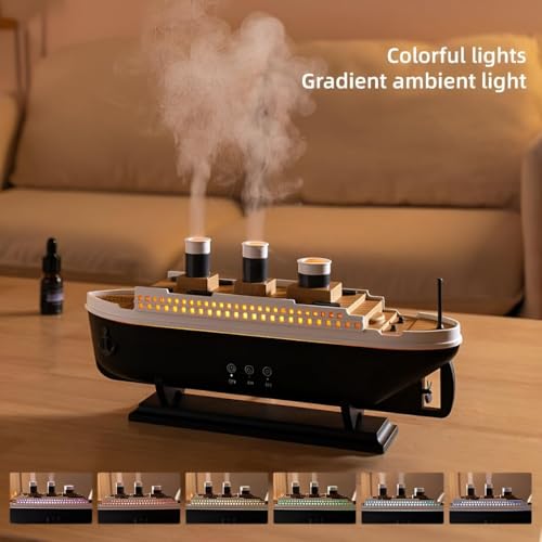 Image of Titanic Steam Ship Humidifier Diffuser - Ultrasonic Aromatherapy Mist Maker with Multicolor LED Lights | Ship-Themed Cool Mist Diffuser for Home, Office, Bedroom Decor.