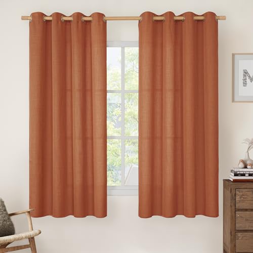 Image of LAMIT Terracotta Linen Curtains 63 Inch Length 2 Panels Set, Light Filtering Semi Sheer Panels Grommet Privacy Protected Boho Fall Curtains for Bedroom /Living Room, 52 x 63 Inch