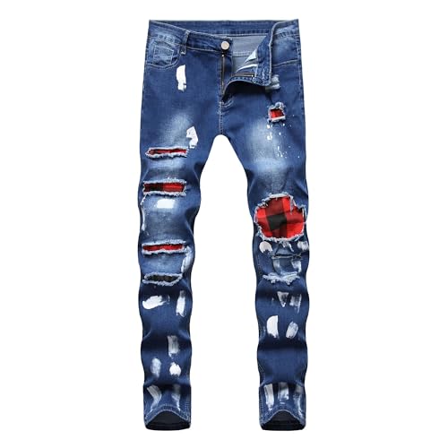 Men Slim Fit Ripped Patches Jeans Patch Ripped Regular Fit Jean Destroyed Motorcycle Denim Pants