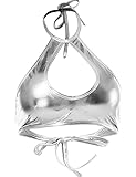 Yevin Shiny Metallic Rave Tops for Women Sexy Wet Look Leather Bra Halter Strap Outfit Crop Tops (Silver)