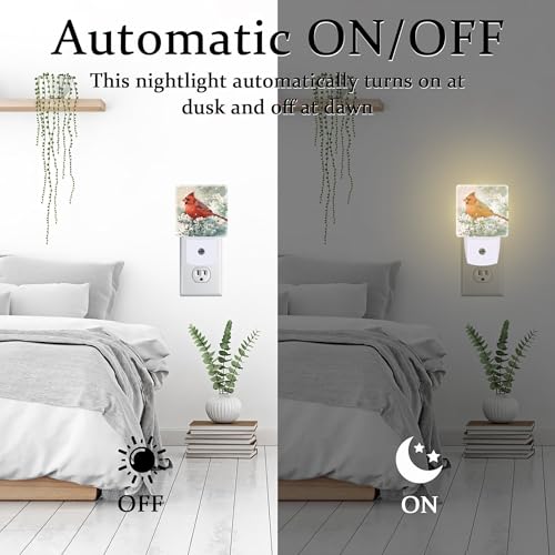 Image of Winter Cardinal Pine Tree Night Light, Christmas Snow Red Cardinal Dusk to Dawn Night Light Plug in, 0.5w Energy Saving Sleep Friendly NightLight for Kids Boys Girls Home Decor