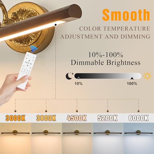 Image of VitaLink Picture Lights for Wall, Remote Control Hardwired Artwork Picture Lighs 27.5 inch Long Retro Gold Wall Paintings Display Lighting Swing Arms Wooden Wall Lamp Bathroom Vanity Light Dimmable