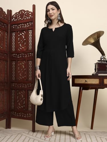 Image of idaLia Rayon Solid Straight Brown Kurta Set for Women with Palazzo 3 /4 Sleeve, Round V Neck Designer Kurta with Palazzo Pant Set