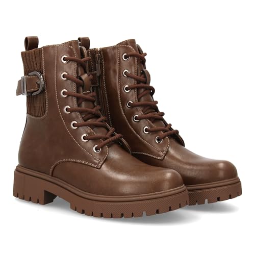 96446 Botines de Tacon para Mujer, Comodos y Elegantes, Detalle de Hebilla, con Suela Dentada, Punta Redonda, Cierre de Cordones y Cremallera Lateral, Ideales para Otono-Invierno. Kaki Talla 37