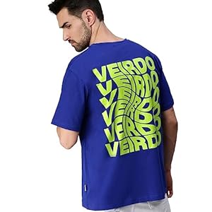 Veirdo® Royal Blue & Black Oversized Loose & Baggy Fit Pure Cotton Neon Color Graphic Typography Print Round Neck T-Shirt with Stylish Back Print for Men & Boys