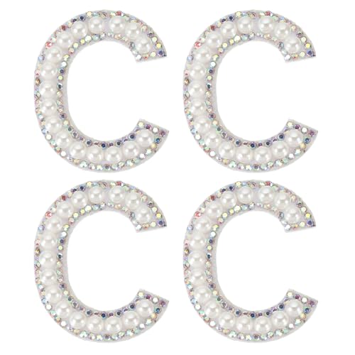PATIKIL Pearl Letter Patches, 4 Pcs White Chenille Letter Glitter Rhinestone Alphabet Applique Cloth Patches Iron on for Clothing Jacket Backpack Hat, C