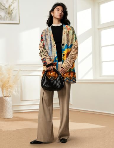 Image of YESNO Women's Fall V-Neck Cardigan Sweaters Casual Graphic Oversized Open Front Button Down Long Sleeves Knit Tops SCV