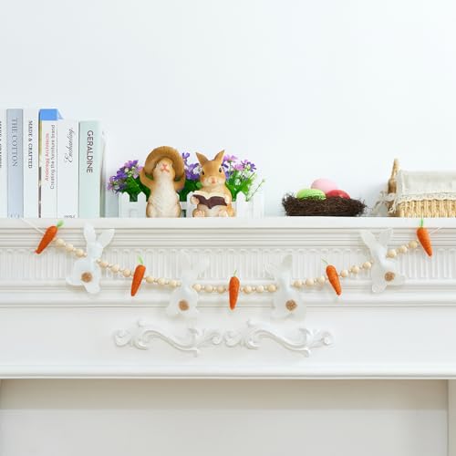 Easter Bunnies Carrot Garland Decorations 27.5 inch Felt and Wooden Beads Bunny Garland Hanging Banners for Home Bar Party Fireplace Wall Decor (Multi-Color One Size)