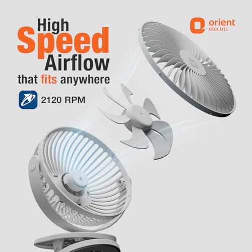 Image of Orient Electric Orbis Rechargeable Personal Fan | 360 Rotation | 1800 mAh Battery | 4 Speed Modes with Timer | Quiet Operation | USB Type-C Charging | Clip-On Mini Fan | Cloud White