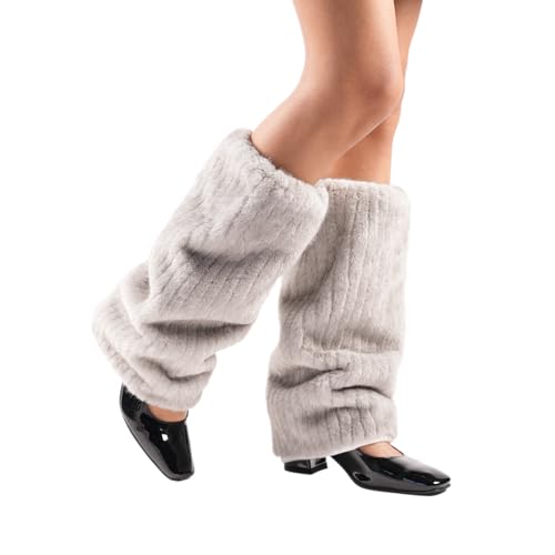 Image of Theater Women Ribbed Fur Leg Warmer - Cream | Soft Faux Fur with Ribbed Knit Base | Cozy Winter Layering Accessory | Stretchable & Free Size