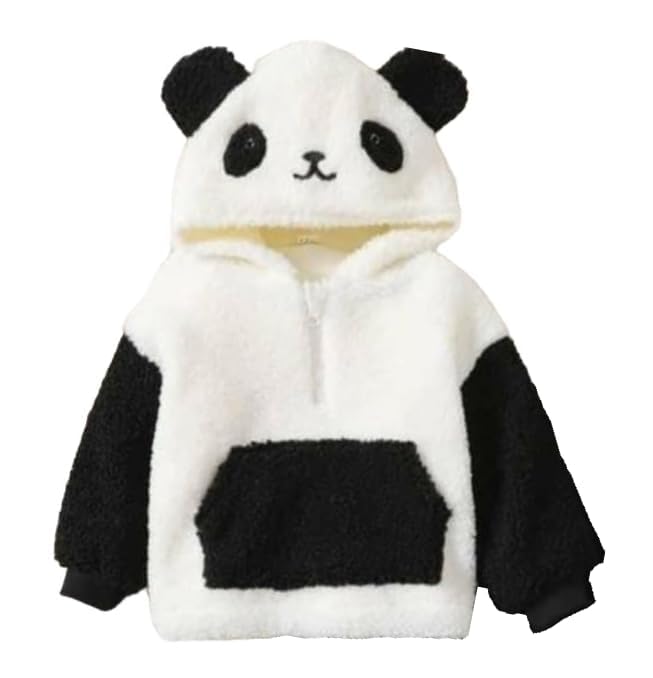 AMEEHA Kids Cartoon Design Hooded Fur Fleece Tracksuit Set, Winter Wear (IN, Age, 12 Months, 18 Months, Black-White) 1