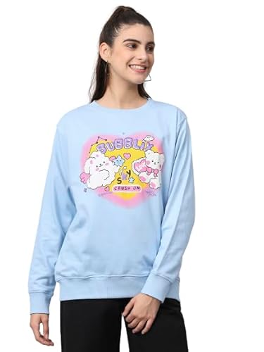 Womens Blue Color Full Sleeves Puff Print Loose Fit Sweatshirt