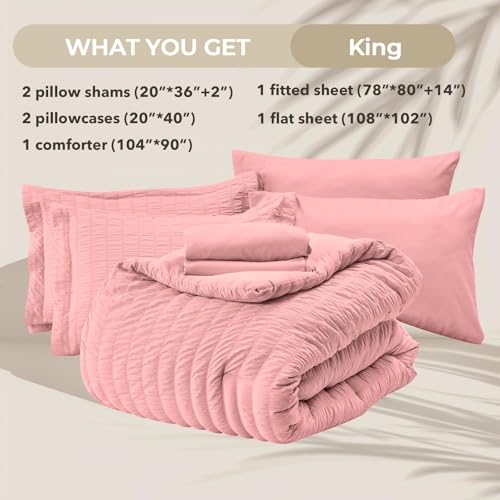 Image of HYMOKEGE Rose Pink King Size Comforter Set Seersucker 7 Pieces, All Season Luxury Bed in a Bag for Bedroom, Bedding Set with Comforter, Sheets, Pillowcases & Shams