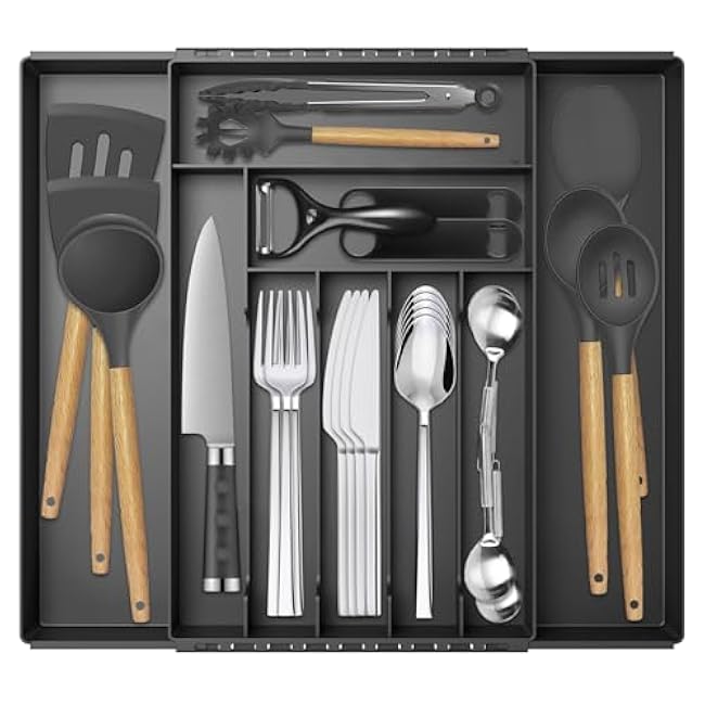 Silverware Organizer, Expandable Kitchen Drawer Organizer, Adjustable Cutlery Organizer, Forks, Knifes, Multipurpose Storage Divider(7-9 Slots), Large, Black