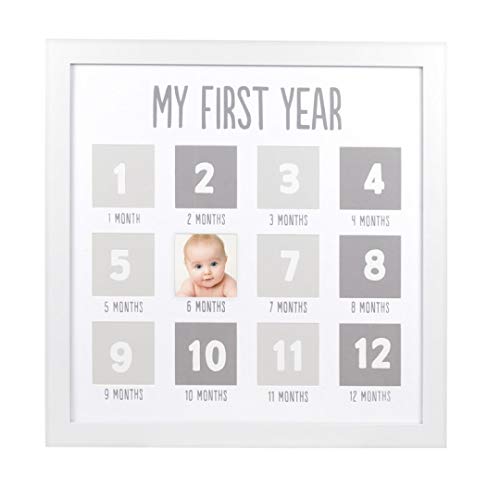 Image of Pearhead My First Year Photo Moments Baby Keepsake Picture Frame, Baby's First Year Photo Frame, Gender-Neutral Baby Milestone Nursery Decor, White and Gray
