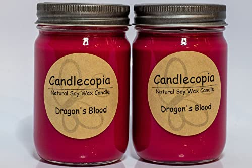 Candlecopia Dragon's Blood Strongly Scented Hand Poured Premium Soy Candles, 12 Ounce Pewter Lid Canning Jar x 2-Pack