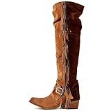 Yolkomo Over The Knee Cowboy Boots with Fringe Western Cowgirl Suede Brown Knee High Fringe Boots Square Toe Chunky Heel Thigh High Cowboy Western Riding Booties with Belt Buckle Straps Size 8