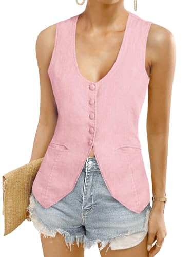 COCCKO Womens Sleeveless Blazer Vest Fashion V Neck Waist Coat Vest Linen Cotton Tank Cute Tops