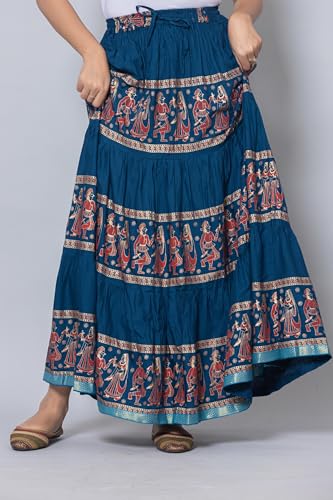 Image of Women's Cotton Printed Long Skirt | Ethnic Folk Print Tiered Maxi Skirt for Women | Elastic Waist Flared Boho Skirt | Traditional Casual for Women