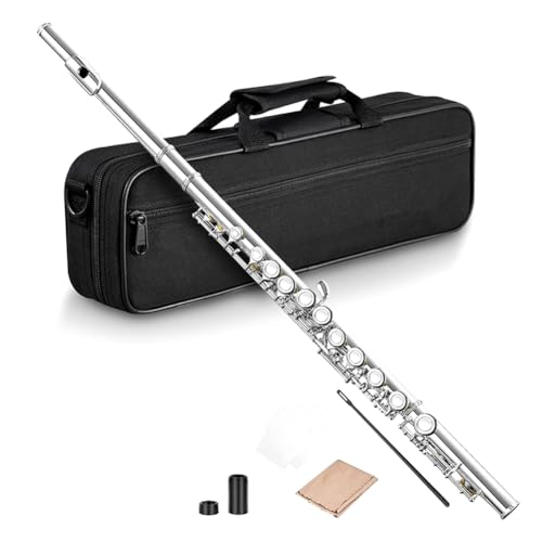 Orolotay 16 Agujeros Abiertos Cerrados Llave C Flauta Transversal Profesional Instrumento Musical de Concierto con Caja Paño de Limpieza Guantes de