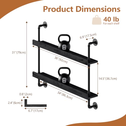 Image of Bar Shelves, Wall Mounted Wine Rack, Black, 36 Inch | 2 Tier, Industrial, Solid pine shelves, black pipe brackets, 40 lbs per shelf, wine, liquor, bar decor, with LED light