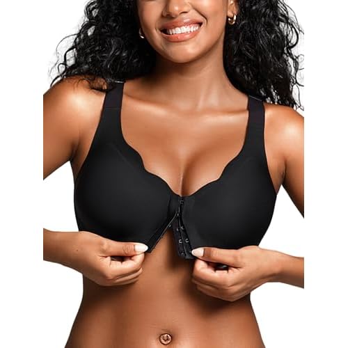 Front Closure Bras for Women - M-4XL - Wireless Jelly Bra with 2 Hook & Eyes No Underwire Seamless Tshirt Bralettes Black Medium