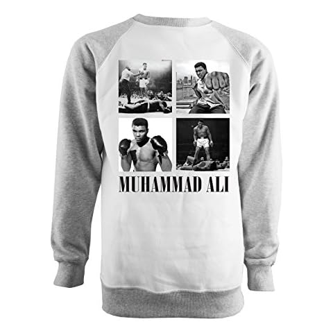 Mens Classic 4 Photograph Graphic Muhammad Ali Inspired Tribute Grey and White Raglan Sweatshirt Medium Cover