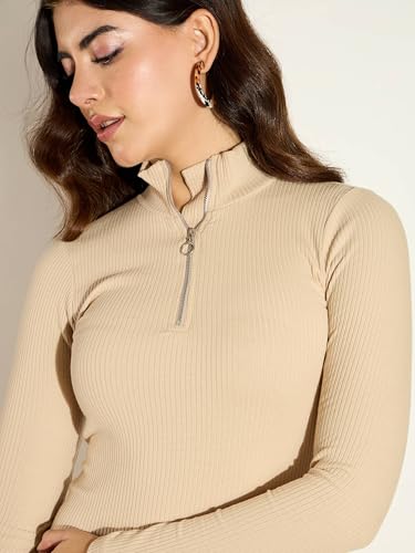 Image of Sassafras Women Bottle Rib High Neck Front Zipper Bodycon Midi Dress