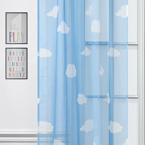 WINYY Blue Sky White Cloud Sheer Curtain Panel for Kids Bedroom Living Room Kitchen Tulle Drapery Curtain for Rod Pocket Top Window Yarn 1 Panel W42 x H63 inch