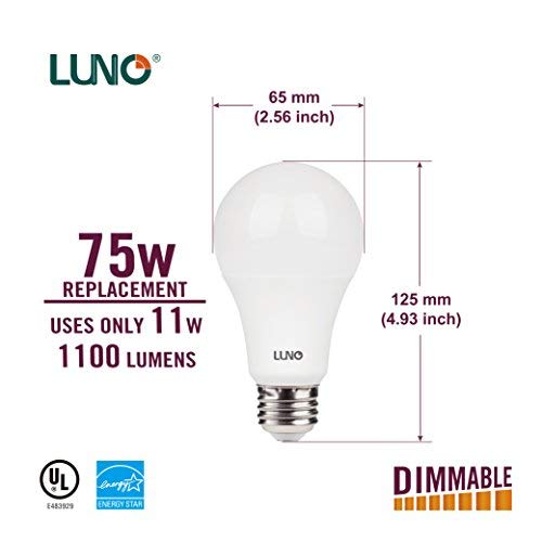 Luno A19 Dimmable Led Bulb, 11W (75W Equivalent), 1100 Lumens, 2700K (Soft White), Medium Base (E26),Ul & Energy Star (4-Pack) #TOP2