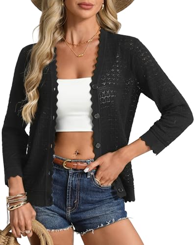 GRACE KARIN Womens 2026 Cardigan 3/4 Sleeve Lightweight Crochet Shrug Hollowed Out Knit Sweater Tops for Summer Black S