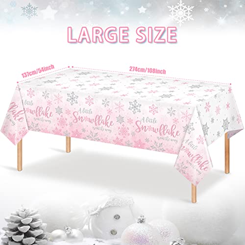 3Pcs Winter Snowflake Tablecloth, Little Snowflake Is On The Way Baby Shower Plastic Pink Tablecloth, Winter Wonderland Baby Shower Decorations For Winter Onederland Princess Gender Reveal, 54X108Inch #TOP1