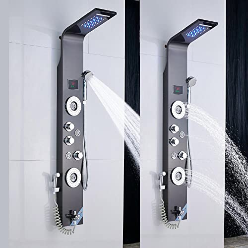 Sistema de columna de ducha de acero inoxidable, cabezal de ducha con LED de tipo lluvia y cascada, grifería de 5 funciones con jets negro miniatura 2