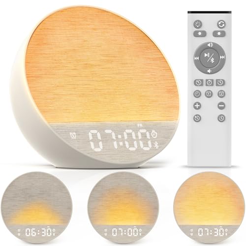 Tap-to-Snooze Sunrise Alarm Clock with Sound Machine, 36 Sounds White Noise Machine for Sleeping Adults, Gradual Sunrise Clock with Bluetooth Speaker & Remote Control, 15-Color Night Light丨Putty