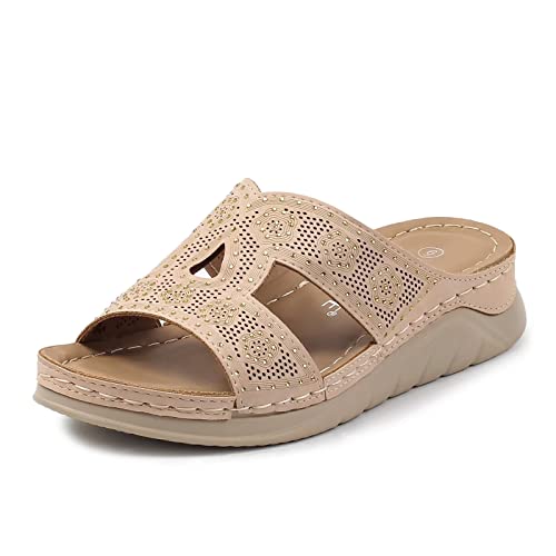 Musshoe Women's Rhinestone Falt Sandal Peep Toe Slip On Platform Slippers Comfort Low Platform Shoes For Women, Tan 6 #TOP26