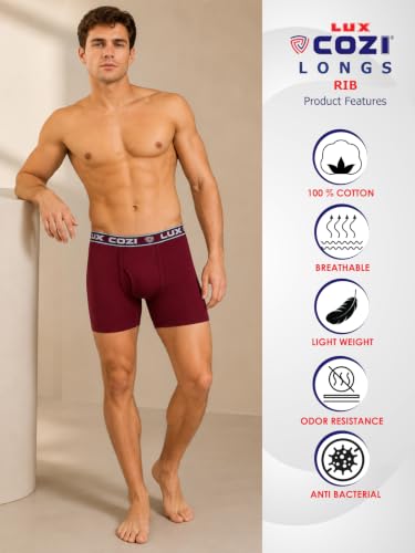 Image of Lux Cozi Men's Long Trunk Underwear Pack of 5 | Premium Super Combed Cotton Boxer Briefs for Men | Breathable,Moisture-Wicking | Soft Waistband | Comfortable Innerwear | Color May Vary