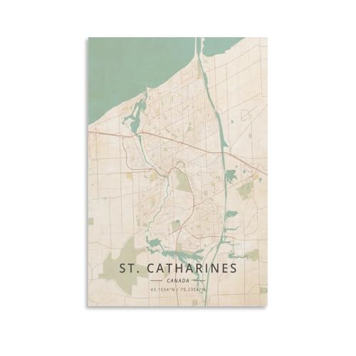LZTEN Poster de carte du Canada de St Catharines - Impression vintage pour chambre - Esthétique - Impression sur toile - Sans cadre - 30 x 45 cm
