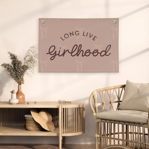 Image of Pink Girls Room Decor,Vintage Coquette Bow Hanging Linen Banner Flag for Baby Girls Nursery Teen Girl Bedroom Dorm Decorations Kids Toddler Room Nursery Playroom Wall,girlroom