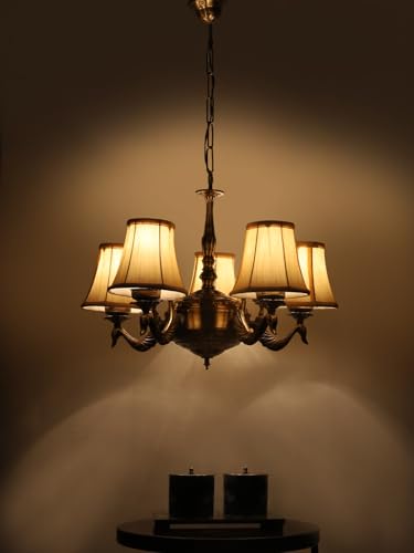 Image of Devansh 05-Light Conical Off-White Cotton Shade Chandelier - Antique Golden Finish | Adjustable Cord | Warm Glow Lamp - Ceiling Light for Living Room, Dining Area, Bedroom & Entryway Decor - D3