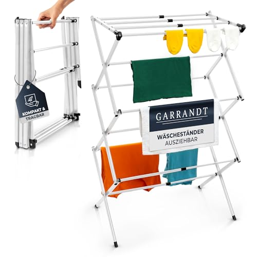 Garrandt Séchoir à Linge Pliable, Robuste, Peu encombrant, 6 Niveaux avec 11 Barres, Pliable et Extensible, Petit, Balcon en Noir (Blanc)