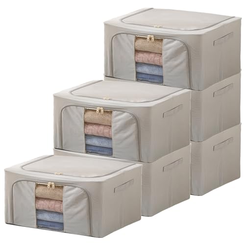 Goesort 6 Pack Clothes Storage Boxes with Steel Frame Support, 22L Moving Bag Wardrobe Storage Organiser Packing Boxes for Moving House with Clear Windows for Towel Duvet Sweater Bedding, Grey