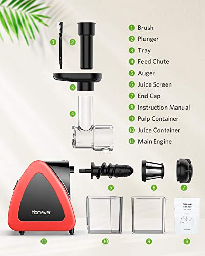Juicer Machines, HOMEVER Slow Masticating Juicer for Fruits and Vegetables, Quiet Motor, Reverse Function, Easy to Clean Hight Nutrient Cold Press Juicer Machine with Juice Cup & Brush, BPA-Free