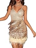 Minetom Kleider Damen Glitzer Minikleider Armellos Fransen V-Ausschnitt Rückenfreies Bodycon Partykleider Club Cocktailkleid Samba Tango Latein Tanzkleid A Gold XS