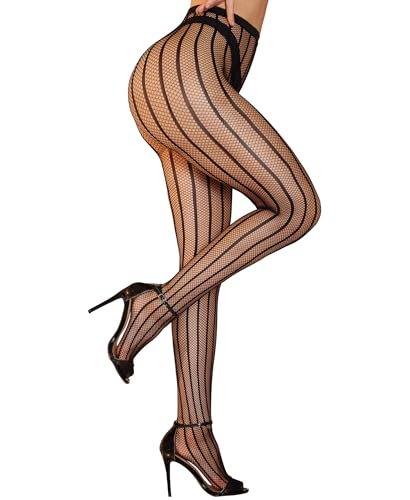 RSLOVE Women Sexy Fishnet Tights - High Waist Fishnet Striped Pantyhose Mesh Stockings Lingerie for Women Black