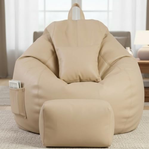 Image of KAM'S LIEU 5XL Luxury Faux Leather Bean Bag with Footrest & Cushion | Pre-Filled High-Density Polystyrene Beans | Premium Leatherette | 6 Months Warranty Color- (Cream, with Footrest)