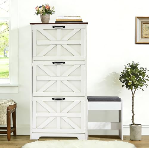 Hanamako Shoe Storage Cabinet with Bench, Farmhouse Shoe Organizer with Barn Door Design, Space-Saving Hidden Narrow Shoe Rack Cabinet for Entryway, Hallway & Foyer, White