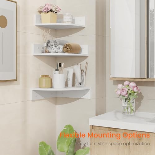 Homode Floating Corner Shelves, Set of 3 Wood Corner Wall Shelves with Wire Hole, 12 Inch Deep Hanging Corner Display Shelf for Living Room, Kitchen, Bedroom, White - Thumbnail 5